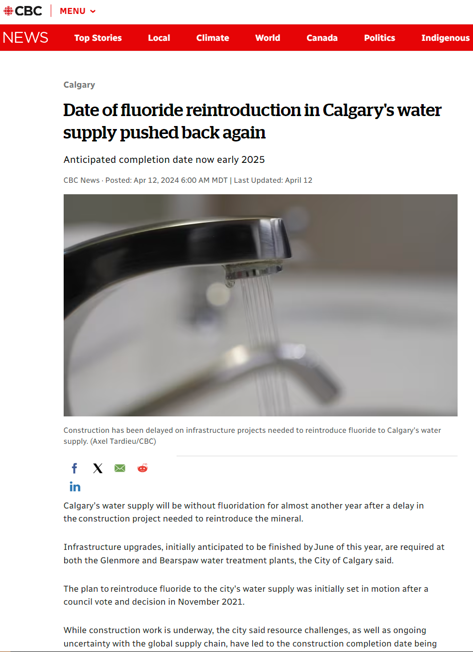 Date of fluoride reintroduction in Calgary’s water supply pushed back again [CBC News]